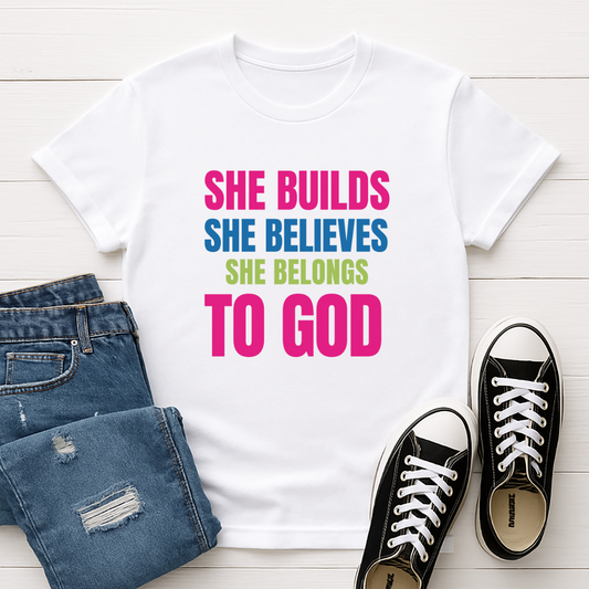 She Builds, She Believes, She Belongs to God Unisex Tee